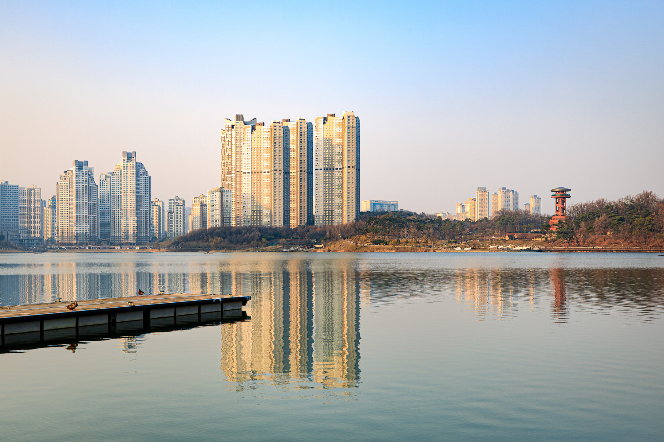 In front of a hazy sunset sky, several apartment towers in yellow and warm chalk, pastel tones stand in the top half of the frame over their reflections in the bottom half, which are only partially covered by a pontoon with three ducks.